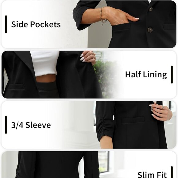 Womens Casual 3/4 Sleeve Knit Blazers - High Stretch Business Work Suit Slim Fit - Picture 6 of 6